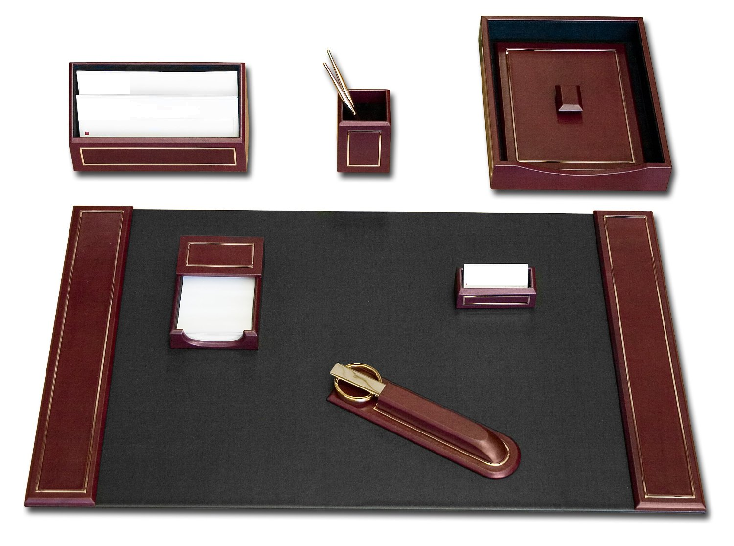 Burgundy Leather 24kt Gold-Tooled 7-Piece Desk Set  WAUCUSTD5616